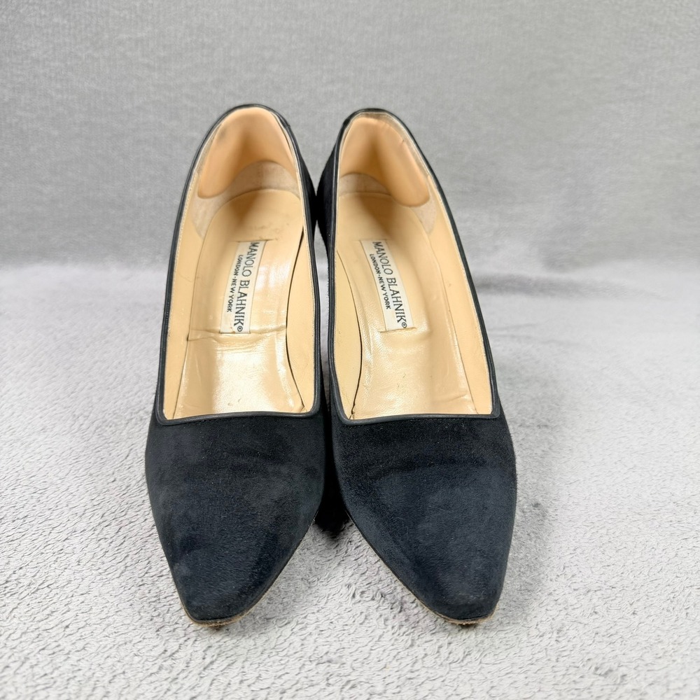 Manolo Blahnik Womens 38.5 Black Suede Leather Trim Pointed Toe Stiletto Pumps - Picture 9 of 11